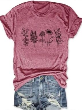 Floral Sketch Short Sleeve Tee - Dusty Rose size L